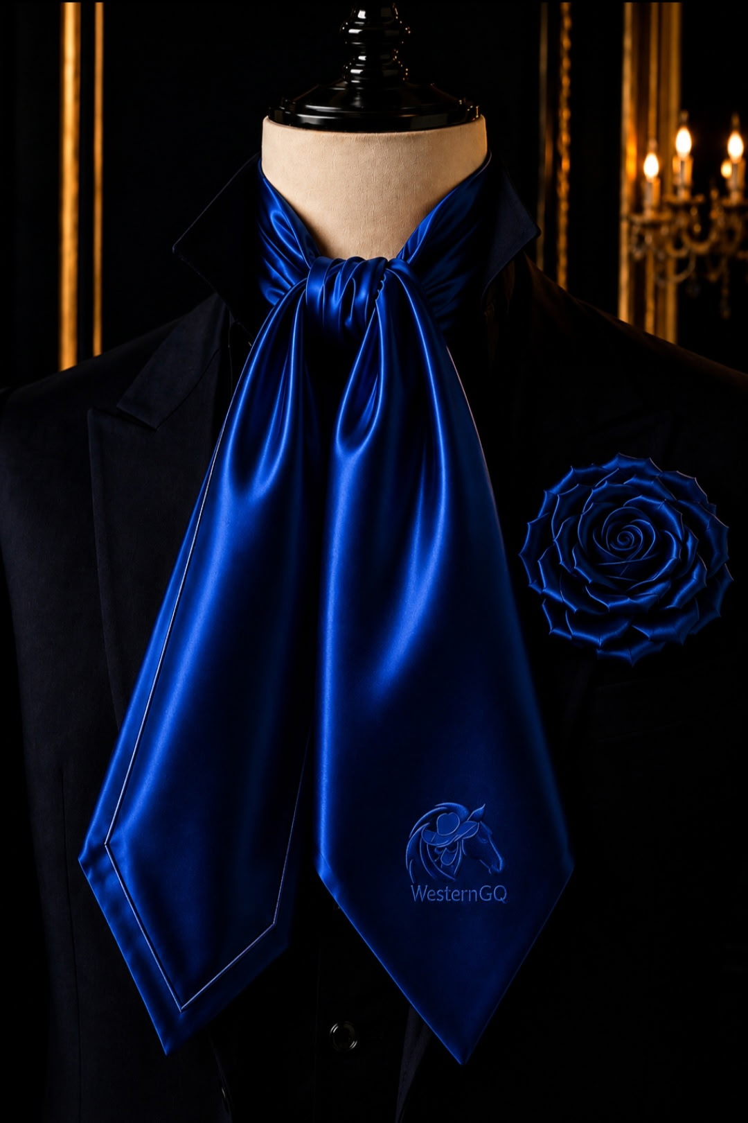 Western GQ royal blue satin cravat scarf with matching blue rose lapel brooch on a mannequin in a chandelier-lit lounge